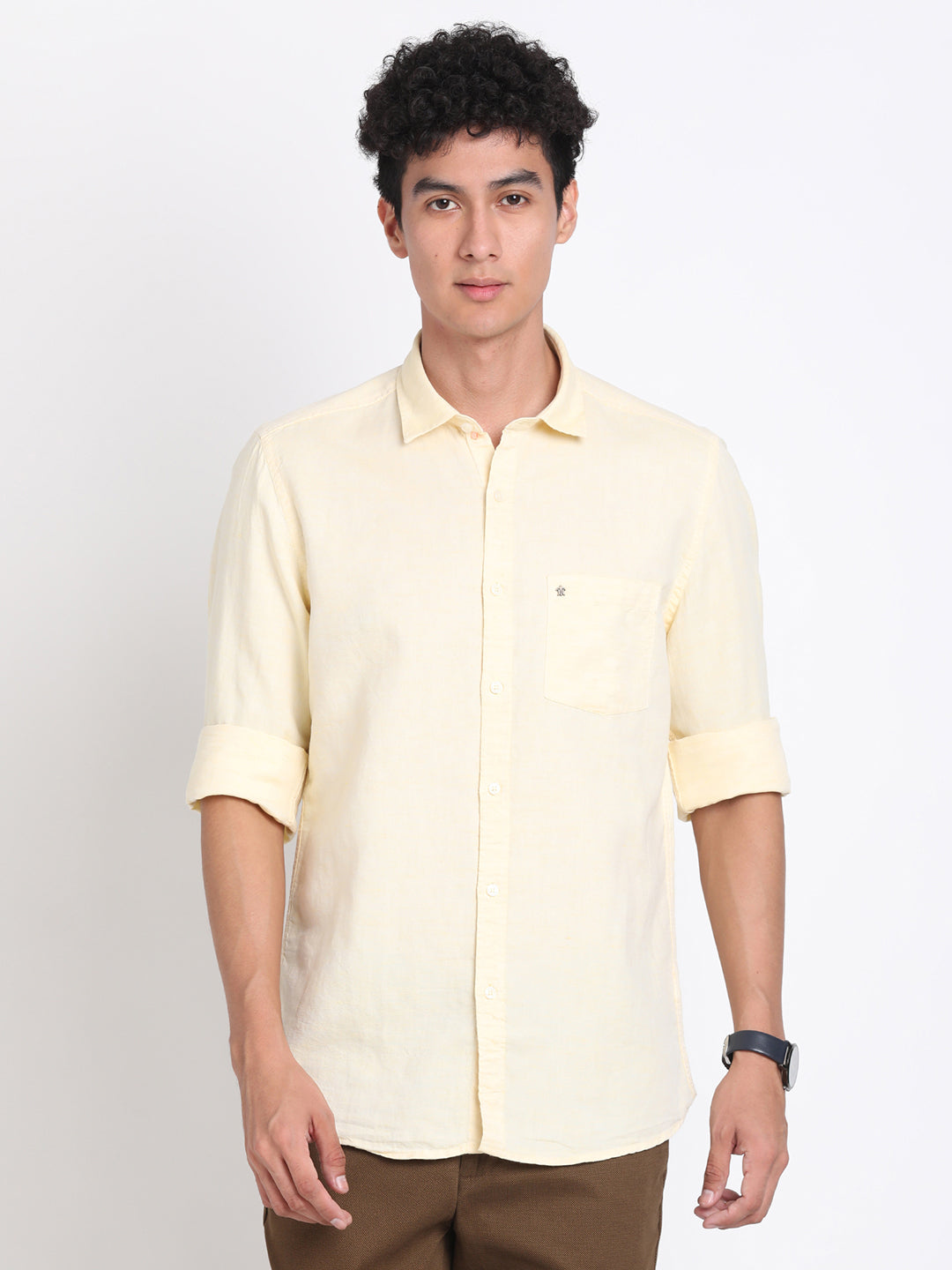 Cotton Linen Yellow Plain Slim Fit Full Sleeve Casual Shirt