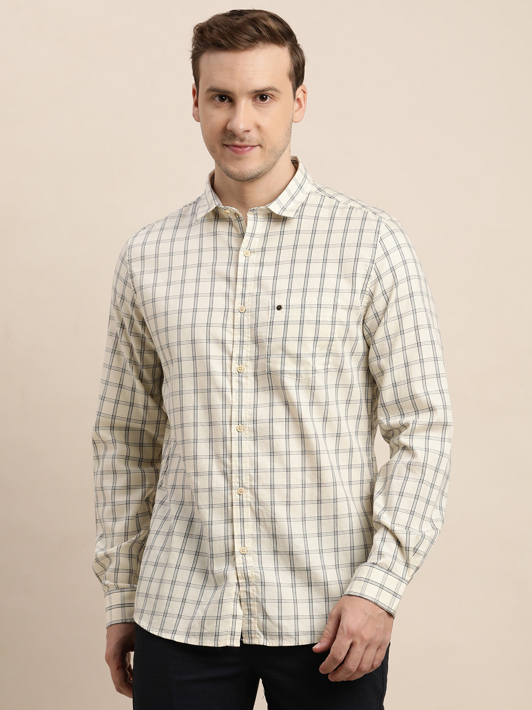 100% Cotton Cream Checkered Slim Fit Full Sleeve Casual Shirt