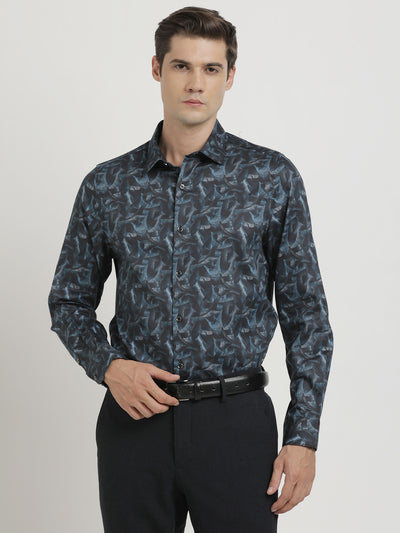 Cotton Tencel Blue Printed Slim Fit Full Sleeve Ceremonial Shirt