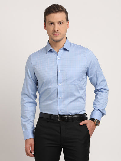 100% Cotton Sky Blue Checkered Slim Fit Full Sleeve Formal Shirt