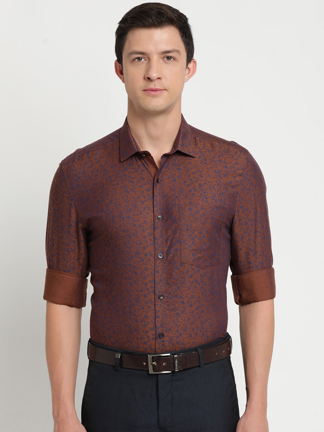 100% Cotton Brown Printed Slim Fit Full Sleeve Formal Shirt