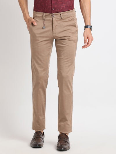 Cotton Stretch Khaki Checkered Ultra Slim Fit Flat Front Casual Trouser