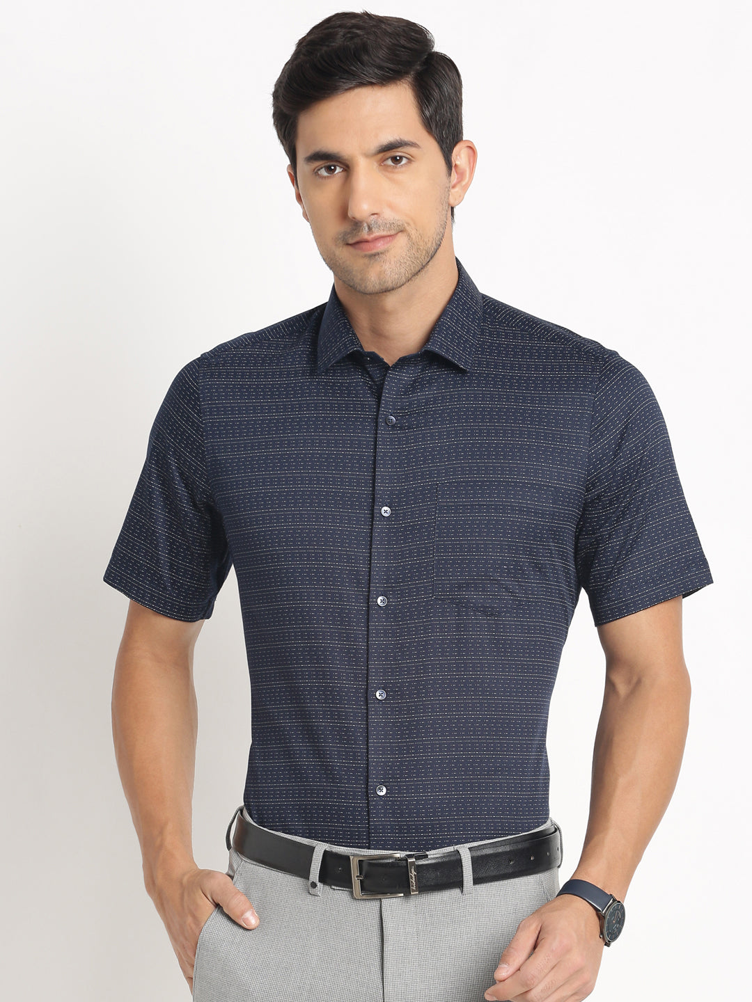100% Cotton Dark Blue Printed Regular Fit Half Sleeve Formal Shirt