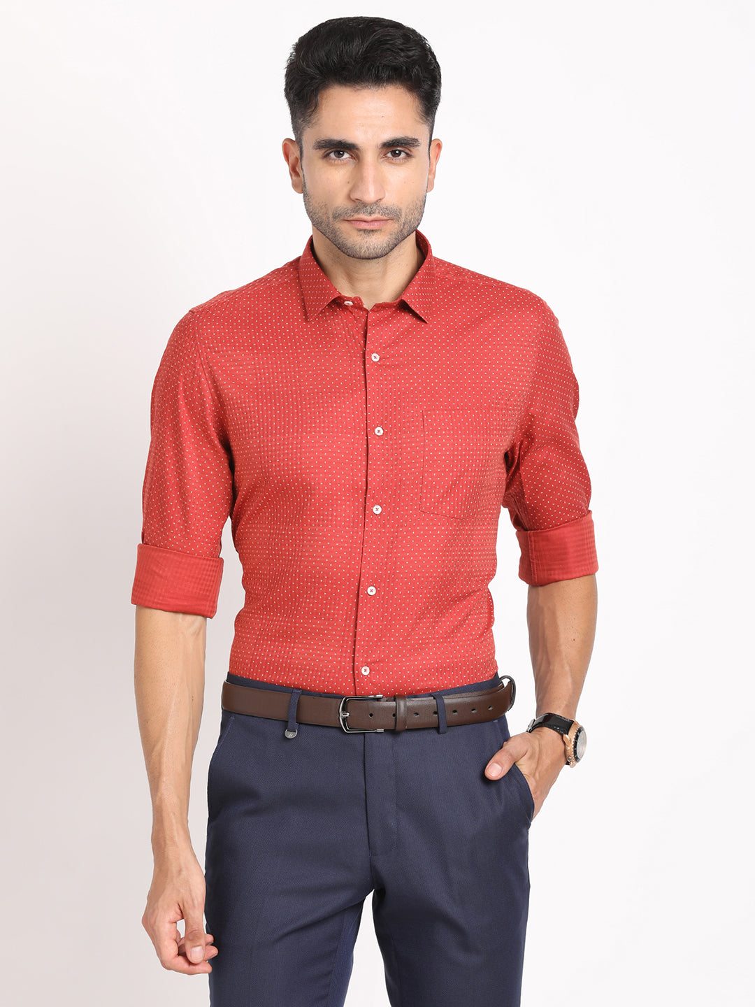 Cotton Tencel Red Printed Slim Fit Full Sleeve Formal Shirt