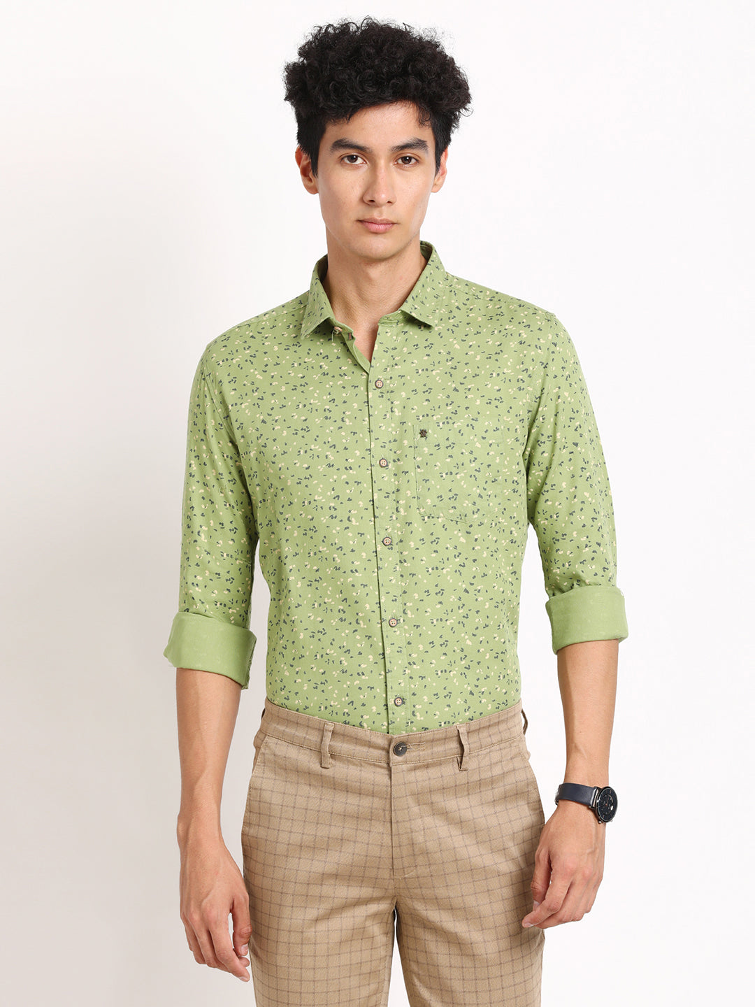 100% Cotton Light Green Printed Slim Fit Full Sleeve Casual Shirt