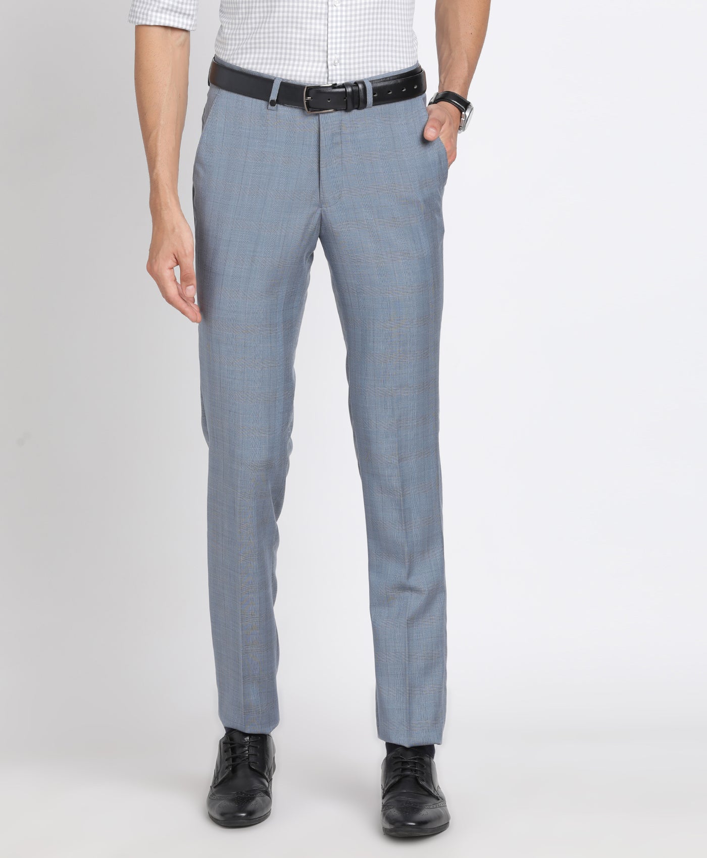 Terry Rayon Grey Checkered Slim Fit Flat Front Formal Trouser