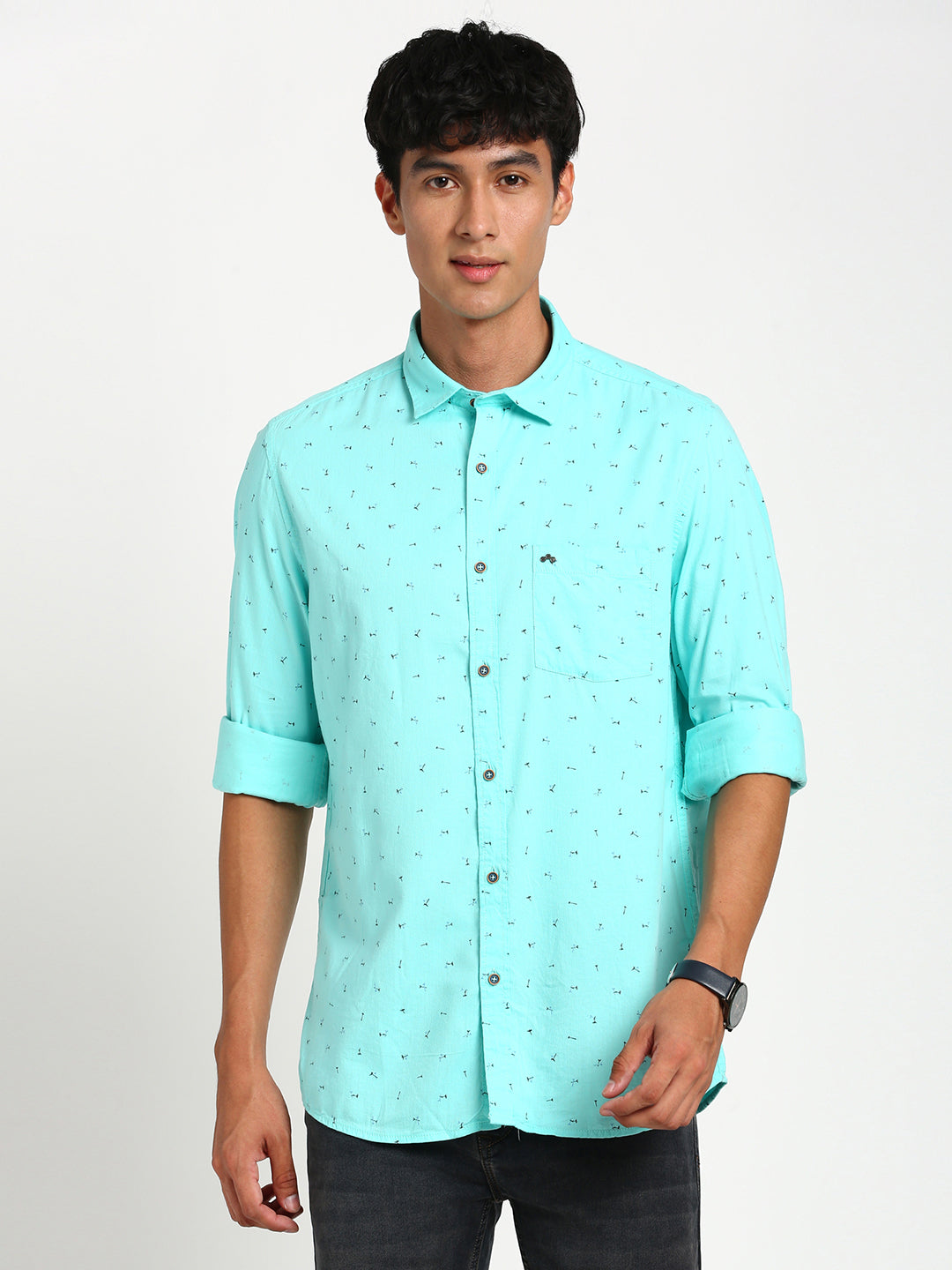 Cotton Tencel Blue Printed Slim Fit Full Sleeve Casual Shirt