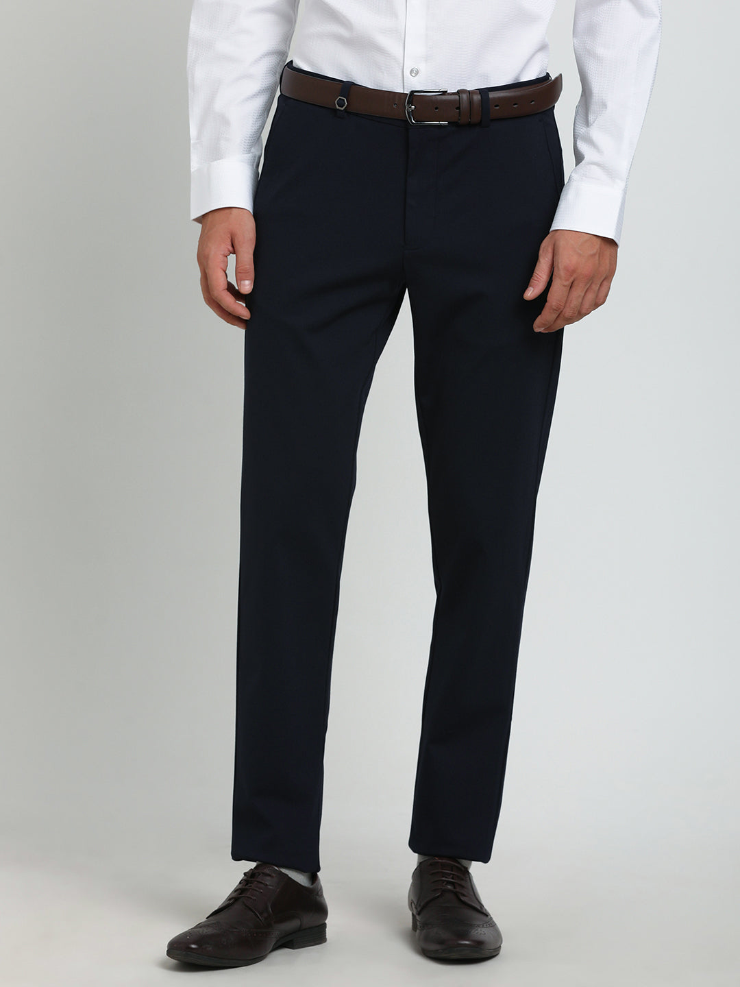 Cotton Blue Plain Slim Fit Flat Front Ceremonial Trouser