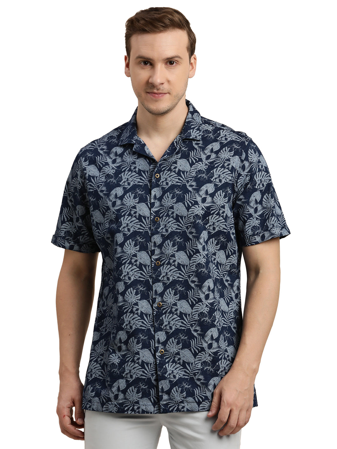 100% Cotton Indigo Navy Blue Printed Slim Fit Half Sleeve Casual Shirt