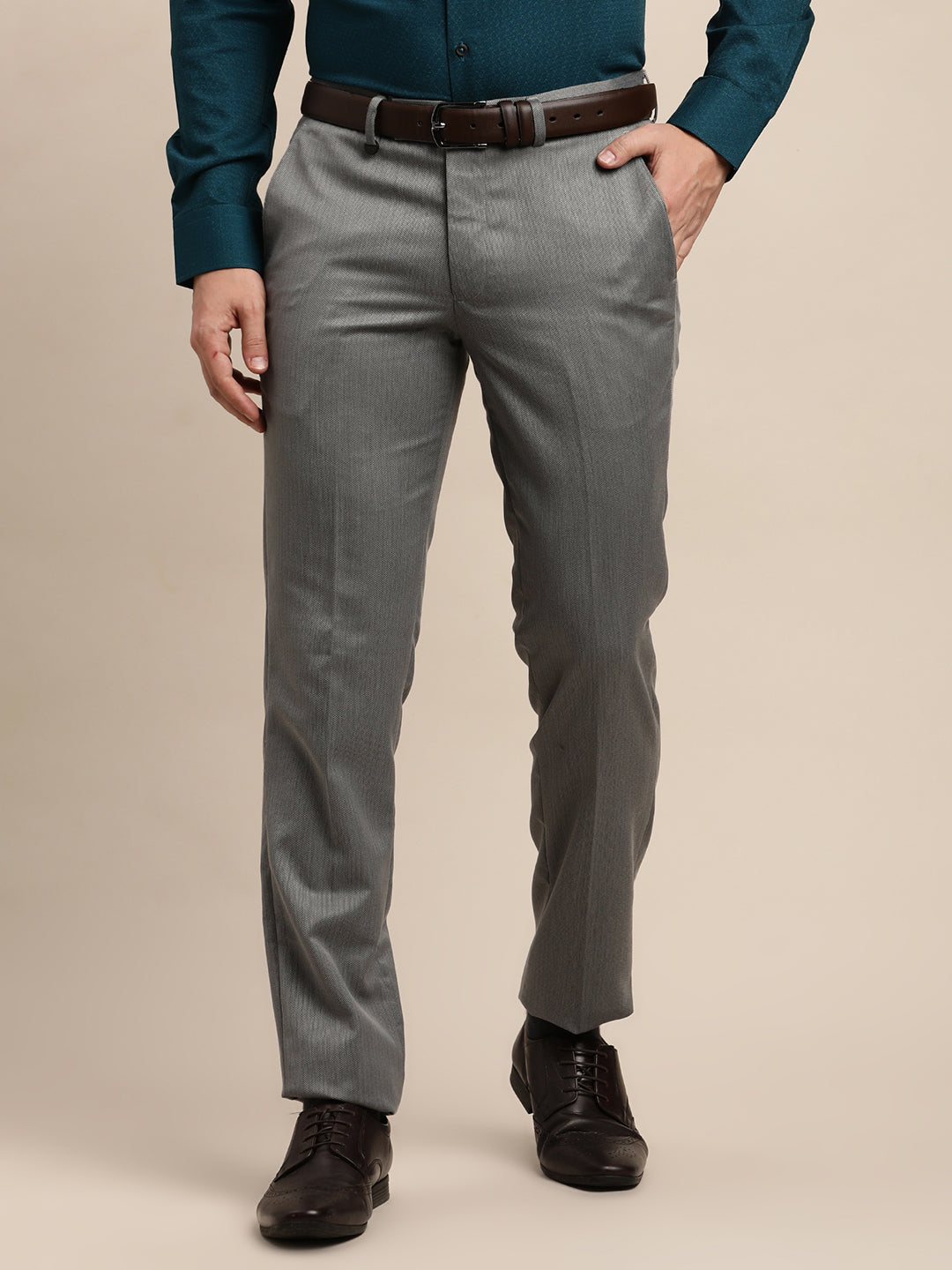 Poly Viscose Stretch Grey Dobby Slim Fit Flat Front Formal Trouser