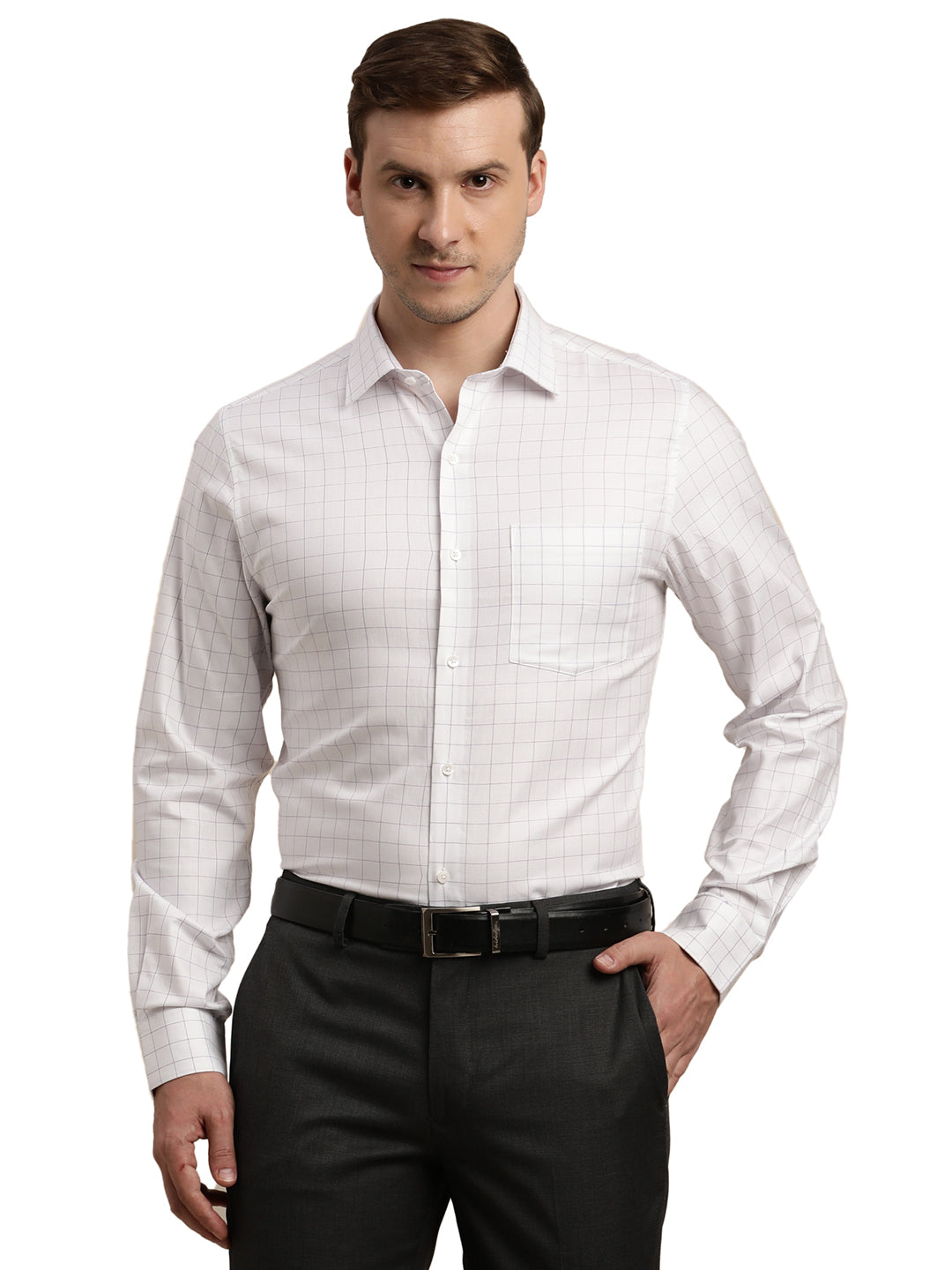 100% Cotton White Checkered Slim Fit Full Sleeve Formal Shirt