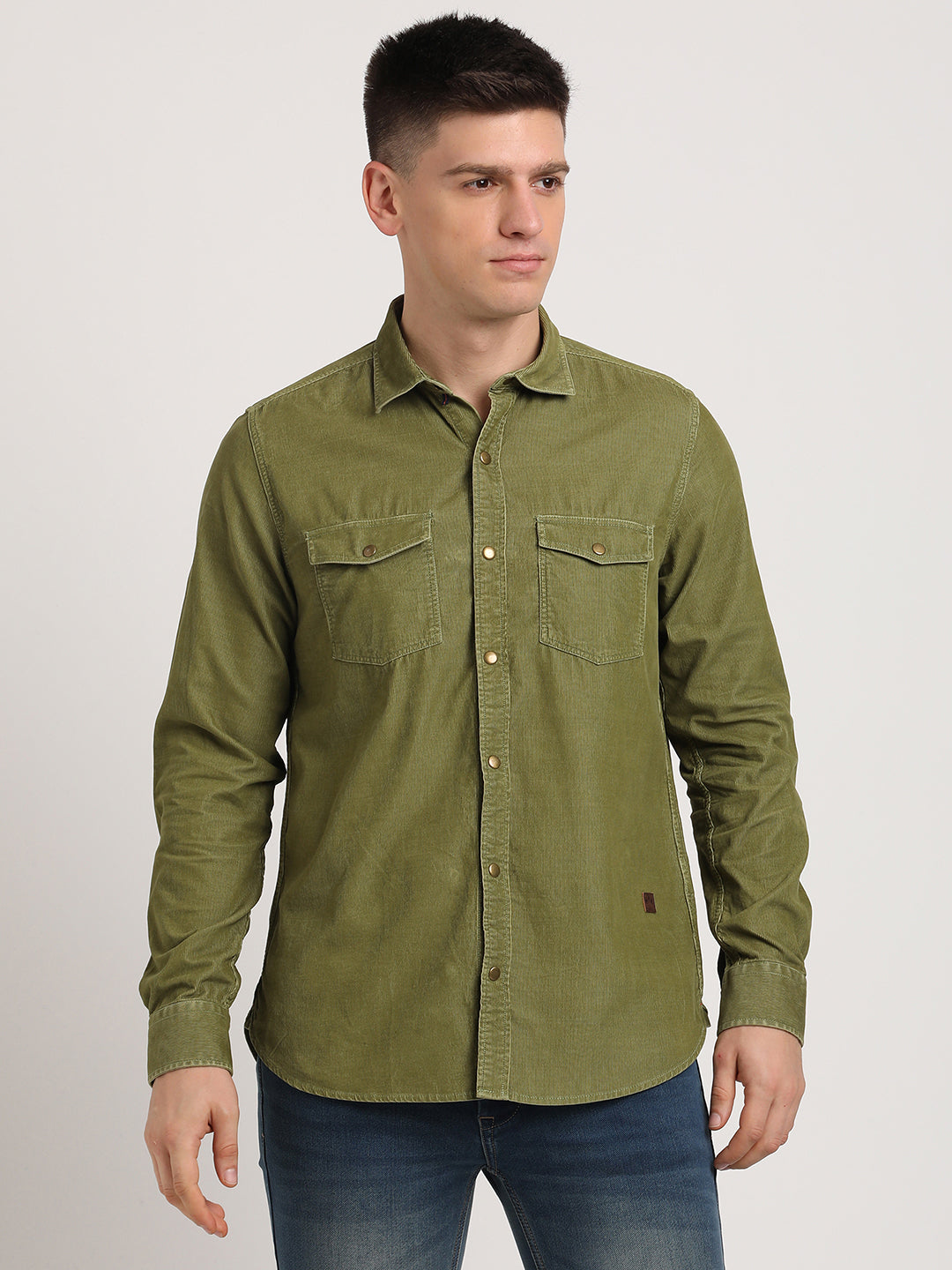 100% Cotton Olive Plain Slim Fit Full Sleeve Casual Shirt