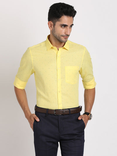 Cotton Linen Yellow Printed Slim Fit Full Sleeve Formal Shirt