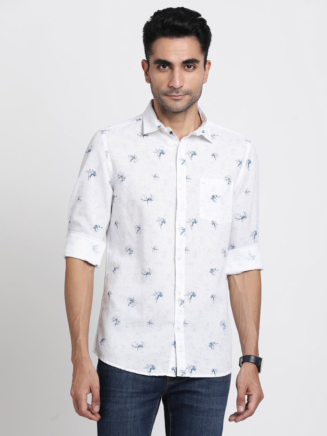 Cotton Linen White Printed Slim Fit Full Sleeve Casual Shirt