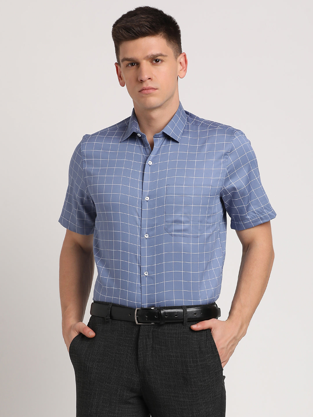 100% Cotton Light Blue Checkered Regular Fit Half Sleeve Formal Shirt