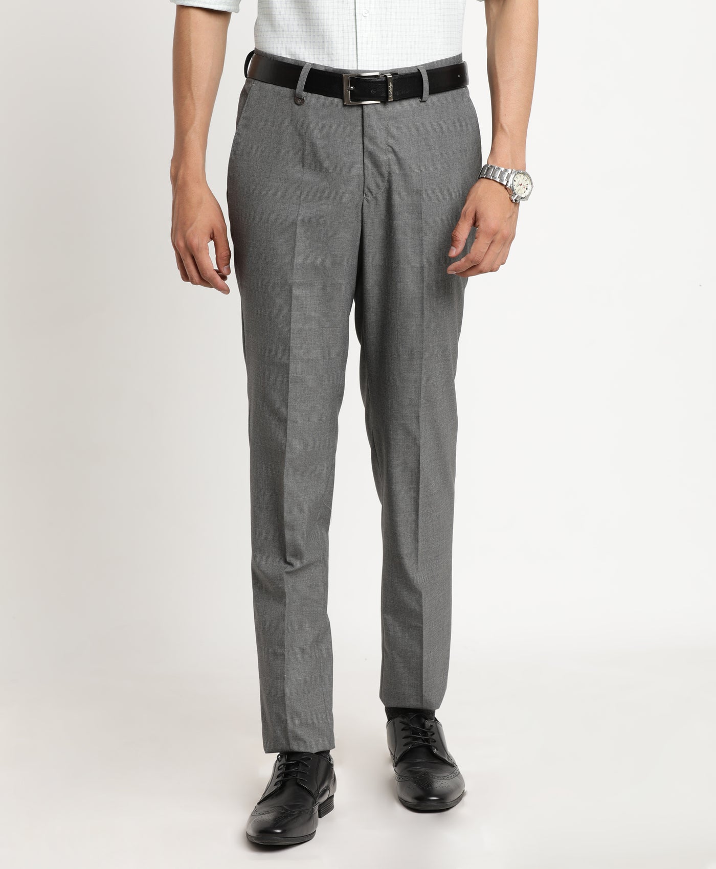 Poly Viscose Grey Checkered Slim Fit Flat Front Formal Trouser