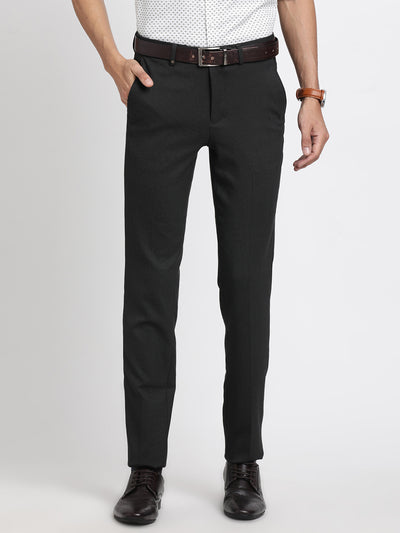 Poly Viscose Stretch Black Dobby Slim Fit Flat Front Formal Trouser