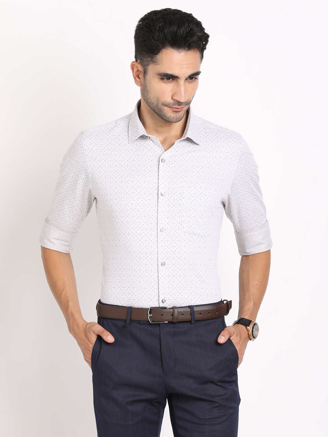 Cotton Melange Grey Printed Slim Fit Full Sleeve Formal Shirt