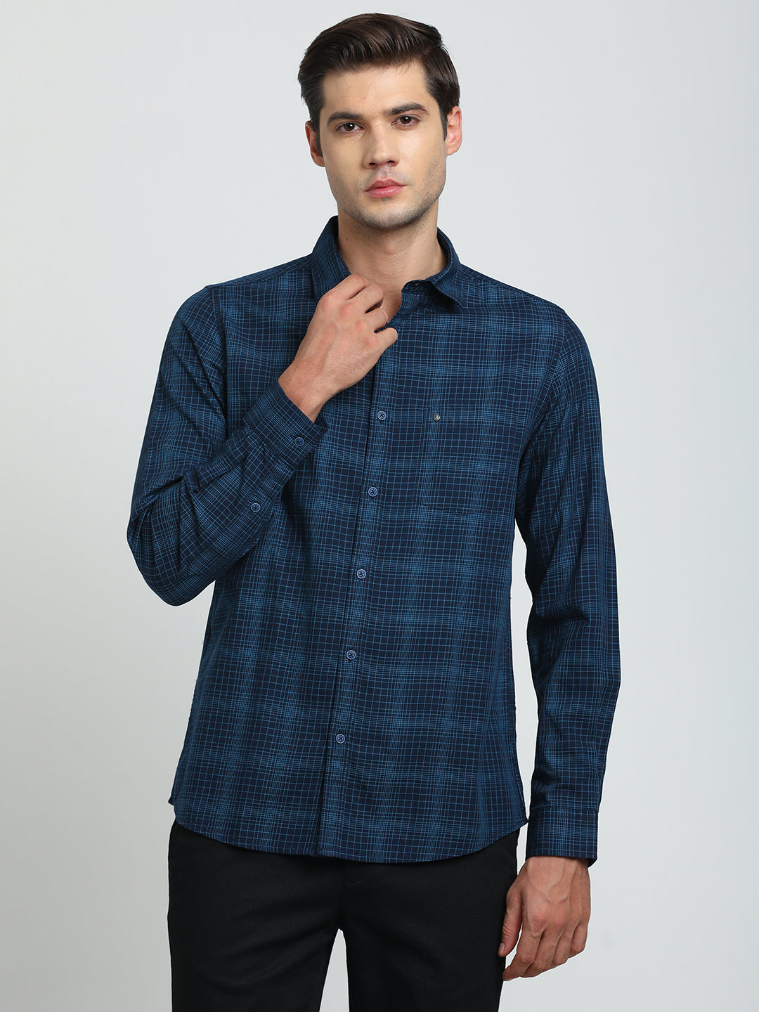 100% Cotton Navy Blue Checkered Slim Fit Full Sleeve Casual Shirt