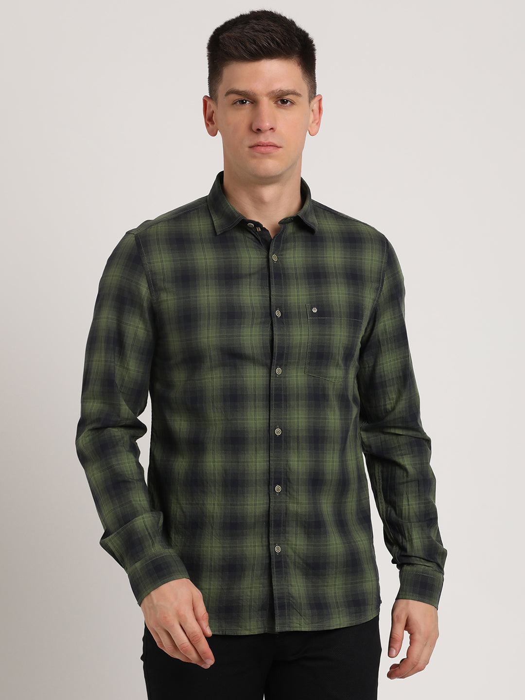 100% Cotton Dark Green Checkered Slim Fit Full Sleeve Casual Shirt