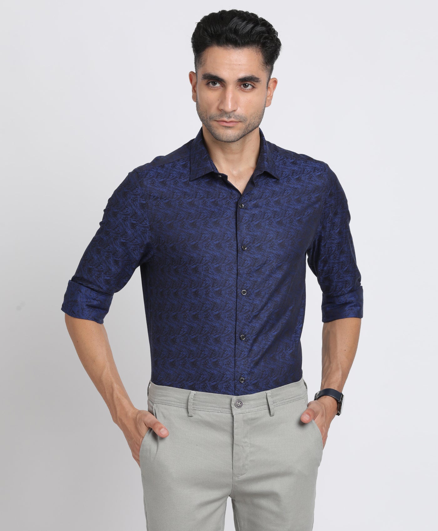 100% Cotton Navy Blue Jacquard Slim Fit Full Sleeve Ceremonial Shirt