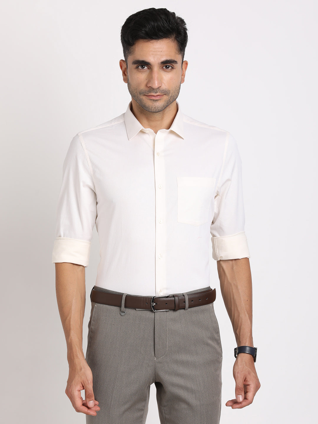 Giza Cotton White Dobby Slim Fit Full Sleeve Formal Shirt