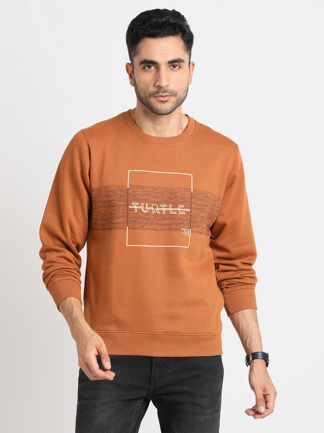 Cotton Stretch Rust Plain Regular Fit Full Sleeve Casual Sweatshirt