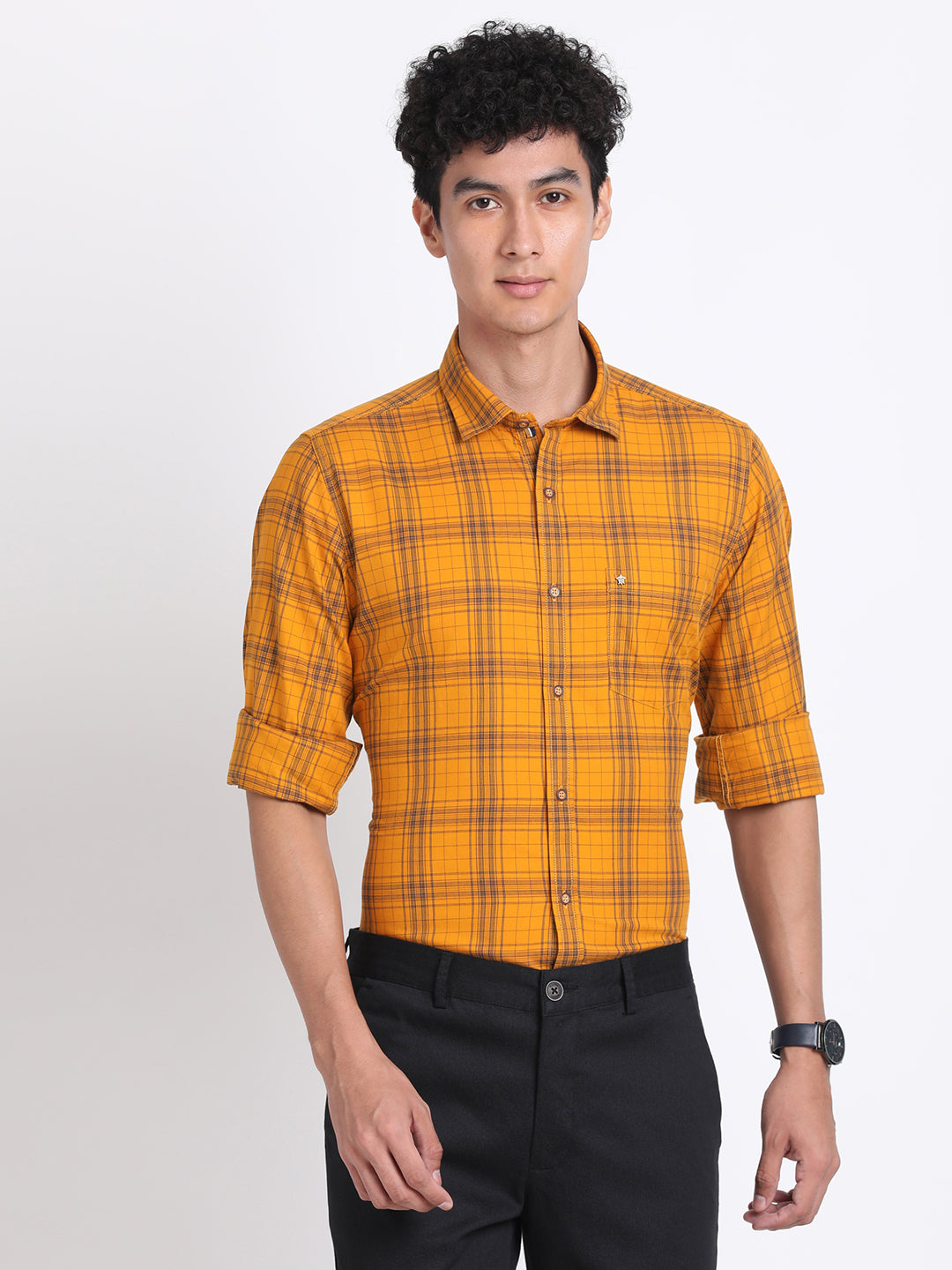100% Cotton Mustard Yellow Checkered Slim Fit Full Sleeve Casual Shirt