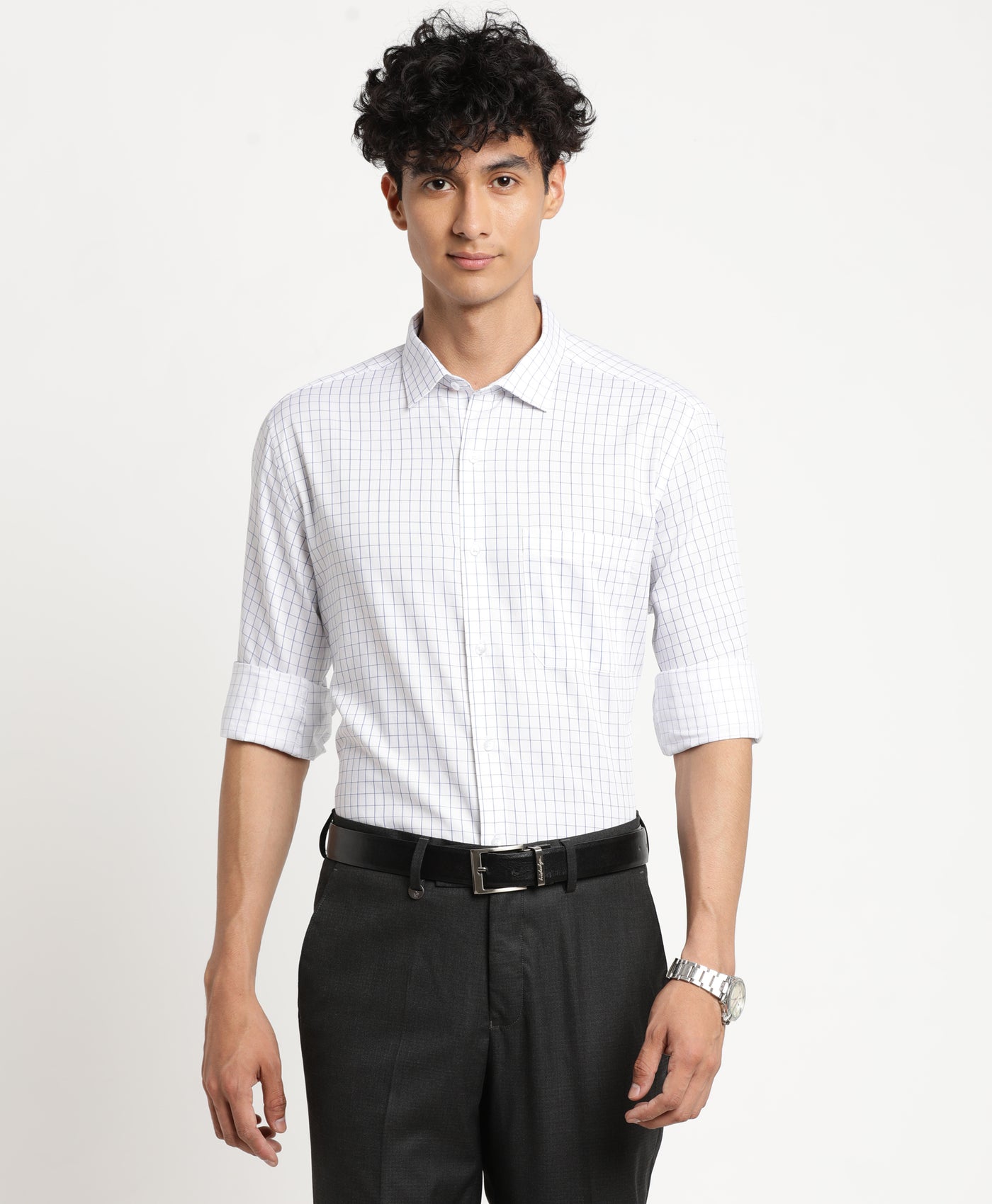 100% Cotton White Checkered Slim Fit Full Sleeve Formal Shirt