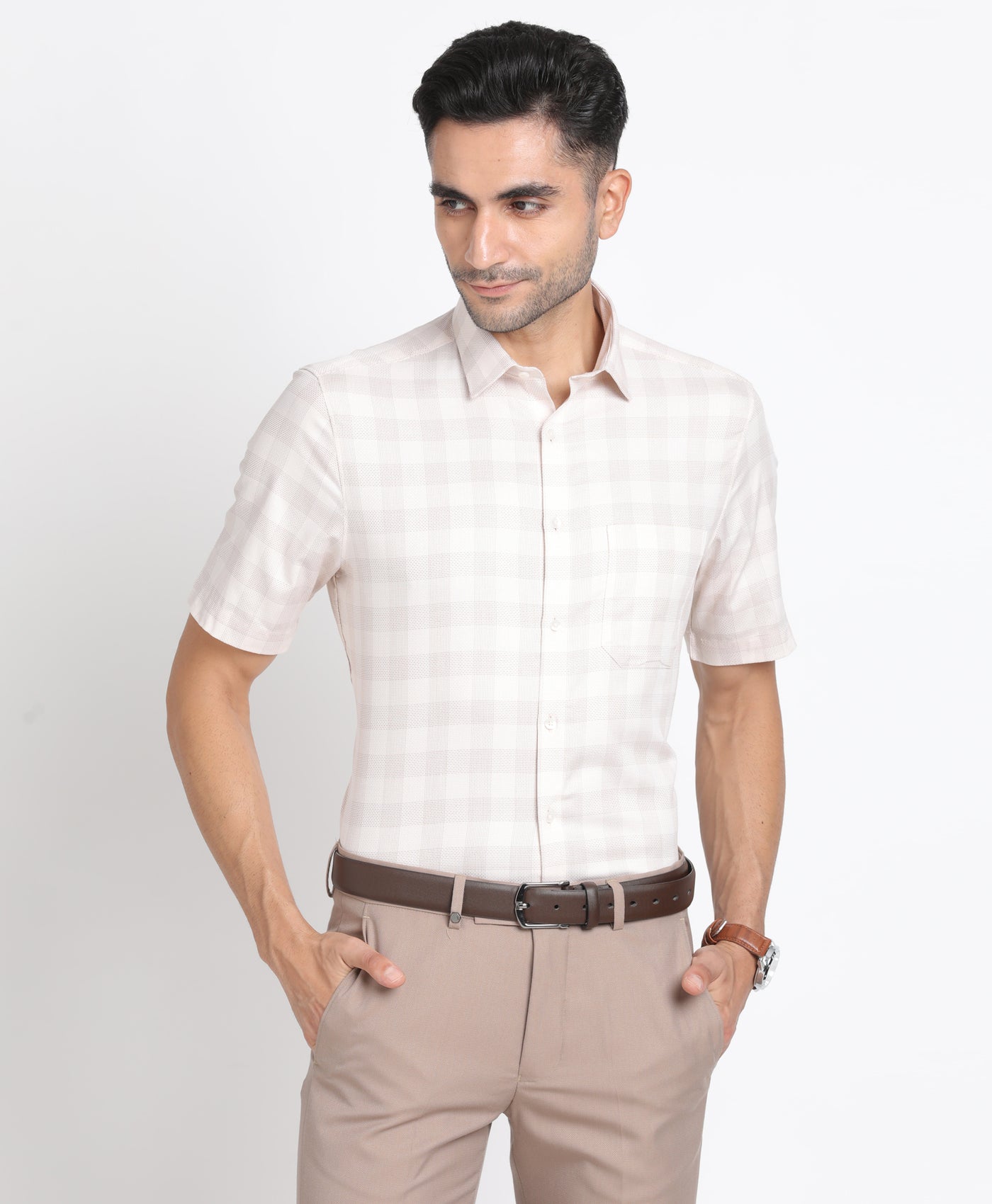 100% Cotton Cream Checkered Regular Fit Half Sleeve Formal Shirt