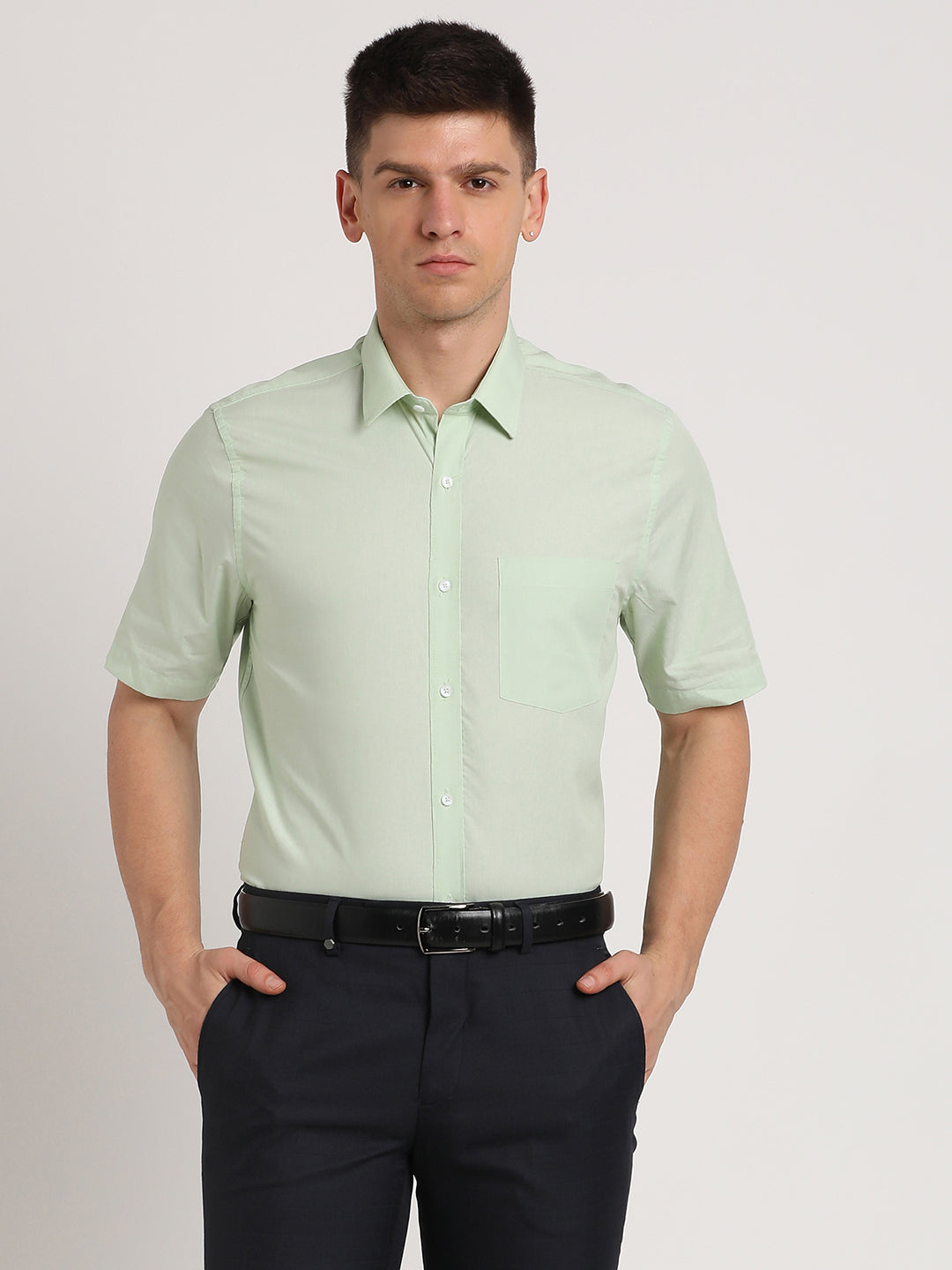 100% Cotton Mint Green Plain Slim Fit Half Sleeve Formal Shirt