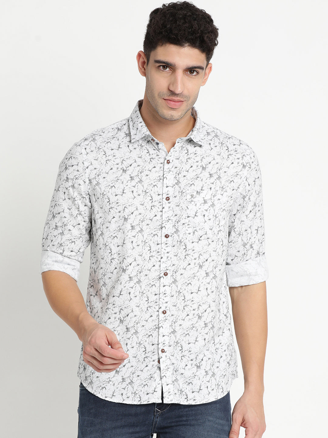 100% Cotton White Printed Slim Fit Full Sleeve Casual Shirt