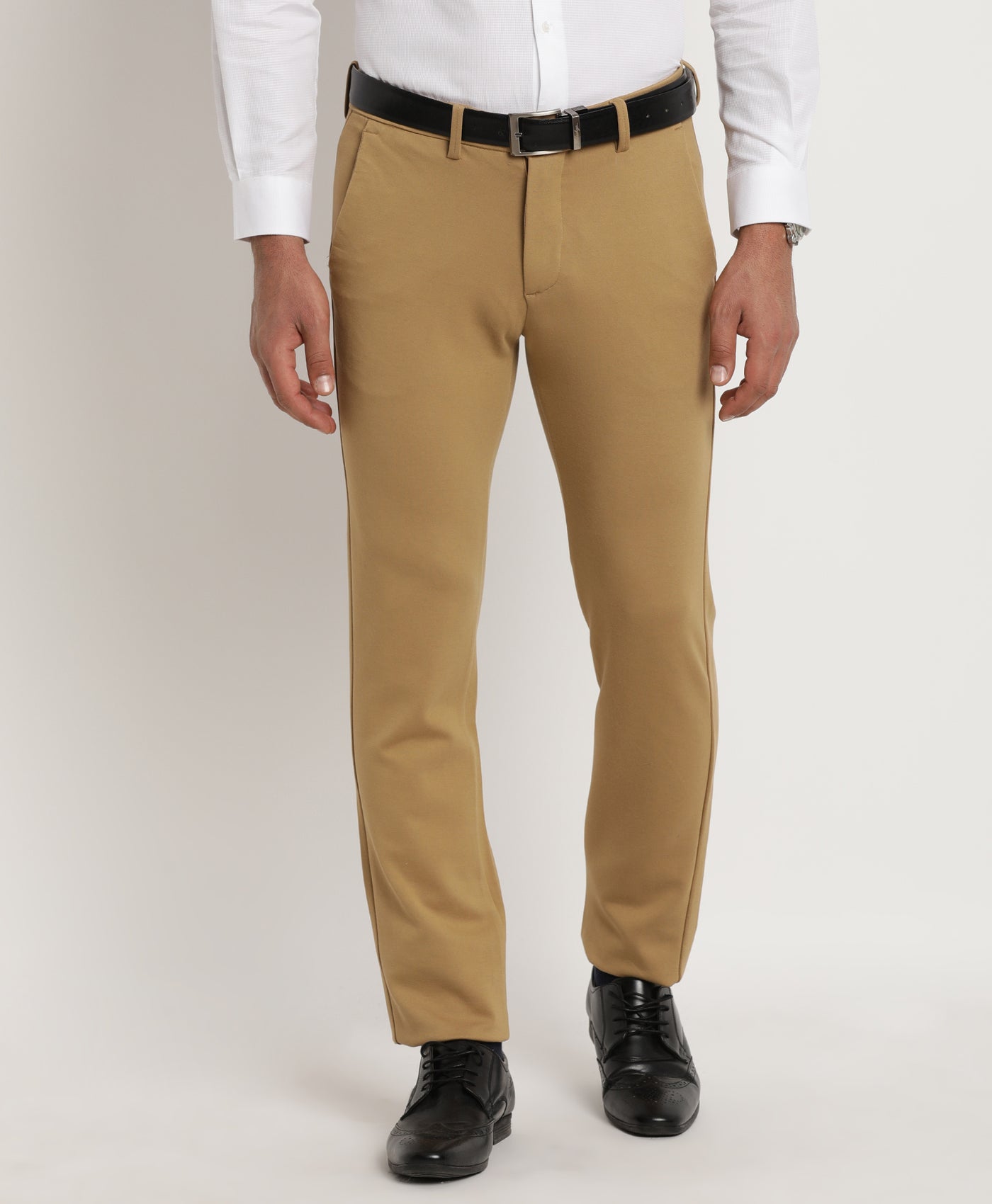 Cotton Stretch Khaki Plain Ultra Slim Fit Flat Front Casual Trouser