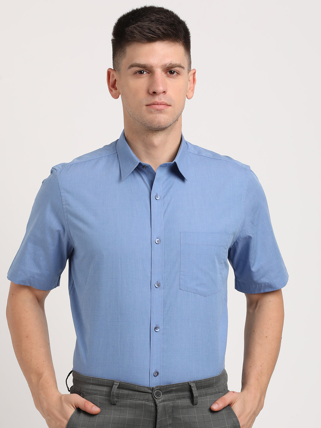 100% Cotton Blue Plain Regular Fit Half Sleeve Formal Shirt