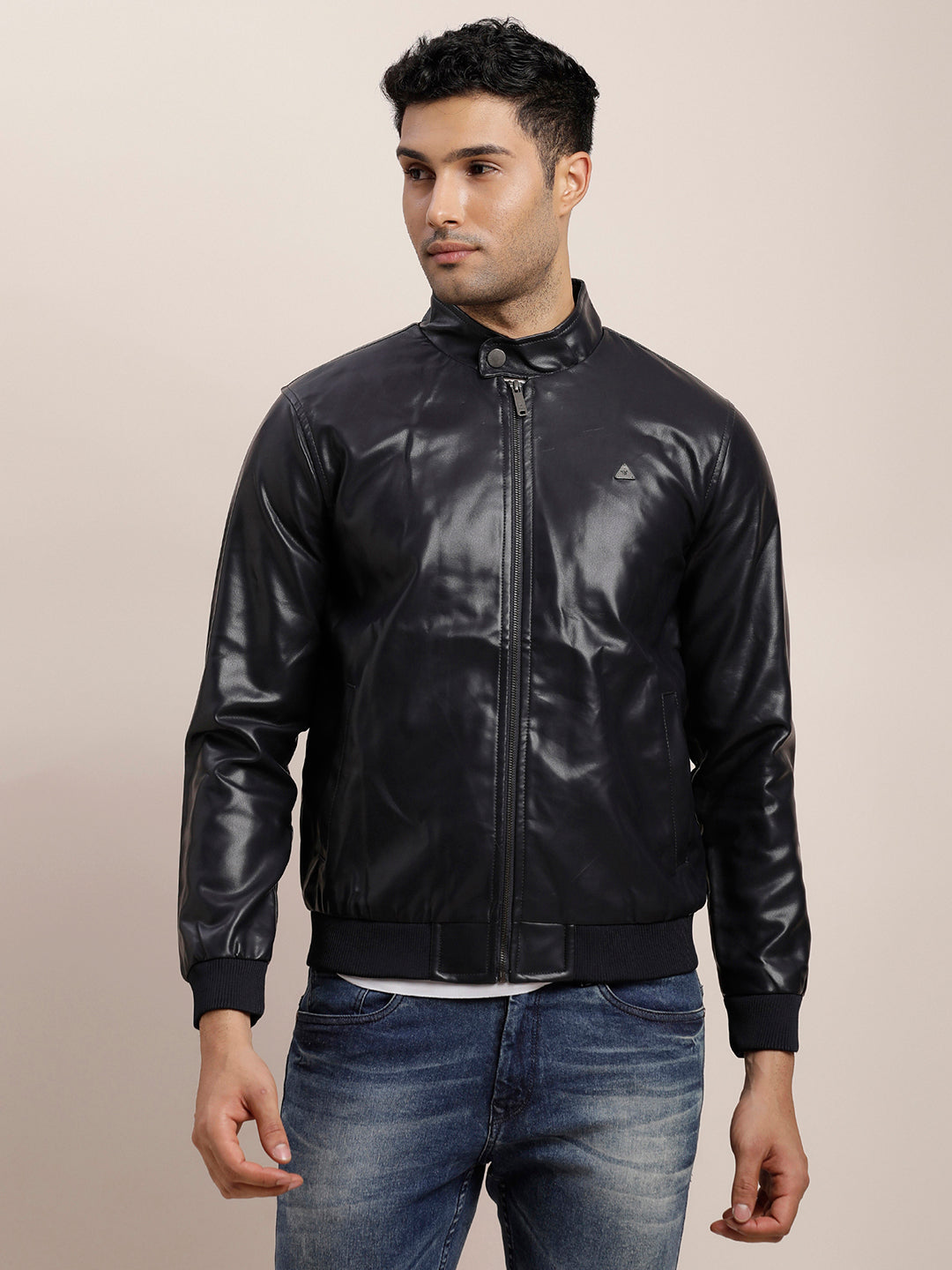 Polyurethane Solid Navy Zipper Windcheater Jacket