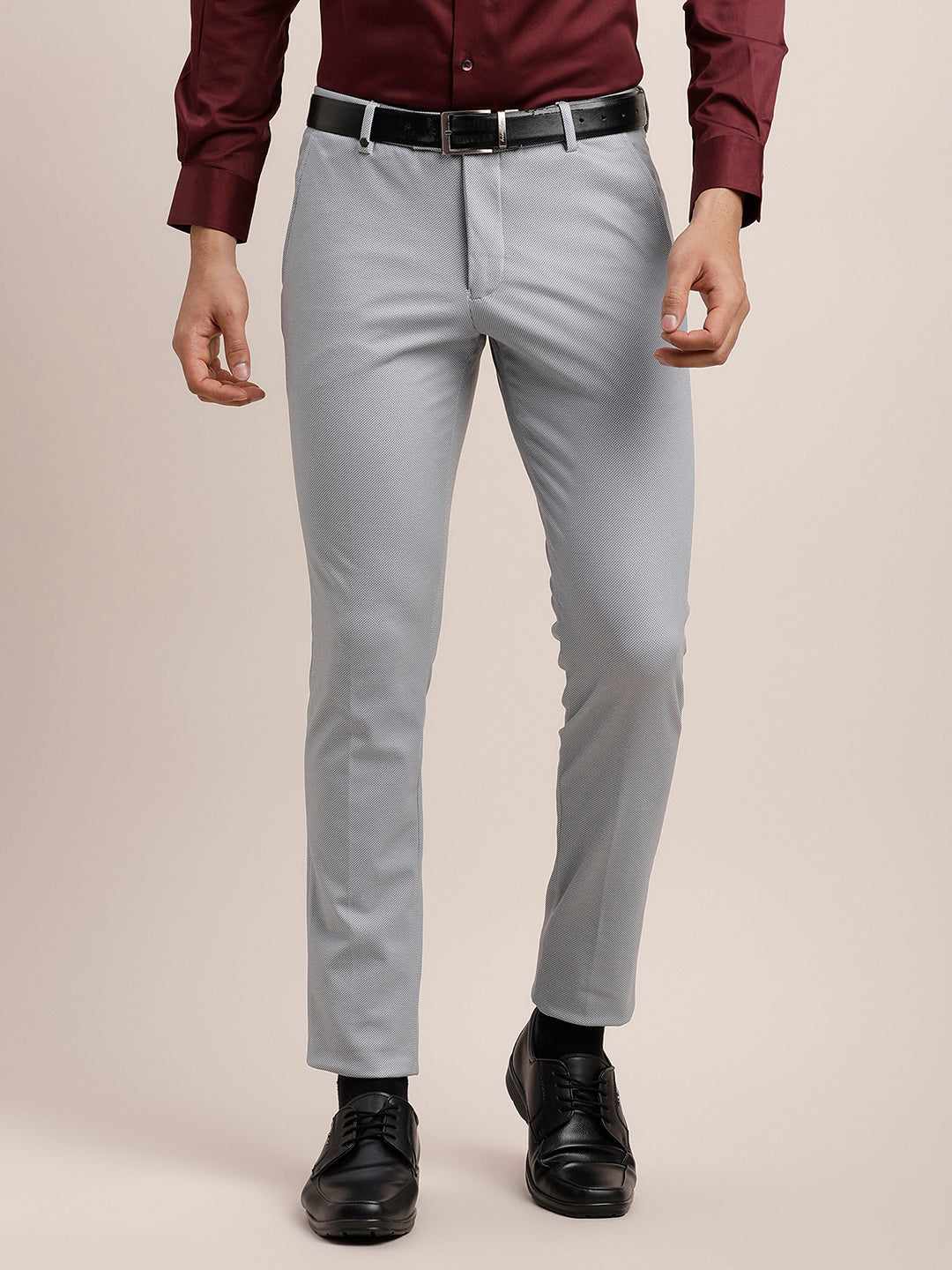 Cotton Stretch Grey Plain Ultra Slim Fit Flat Front Formal Trouser