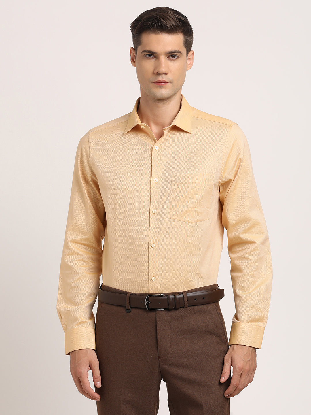 100% Cotton Mustard Dobby Slim Fit Full Sleeve Formal Shirt