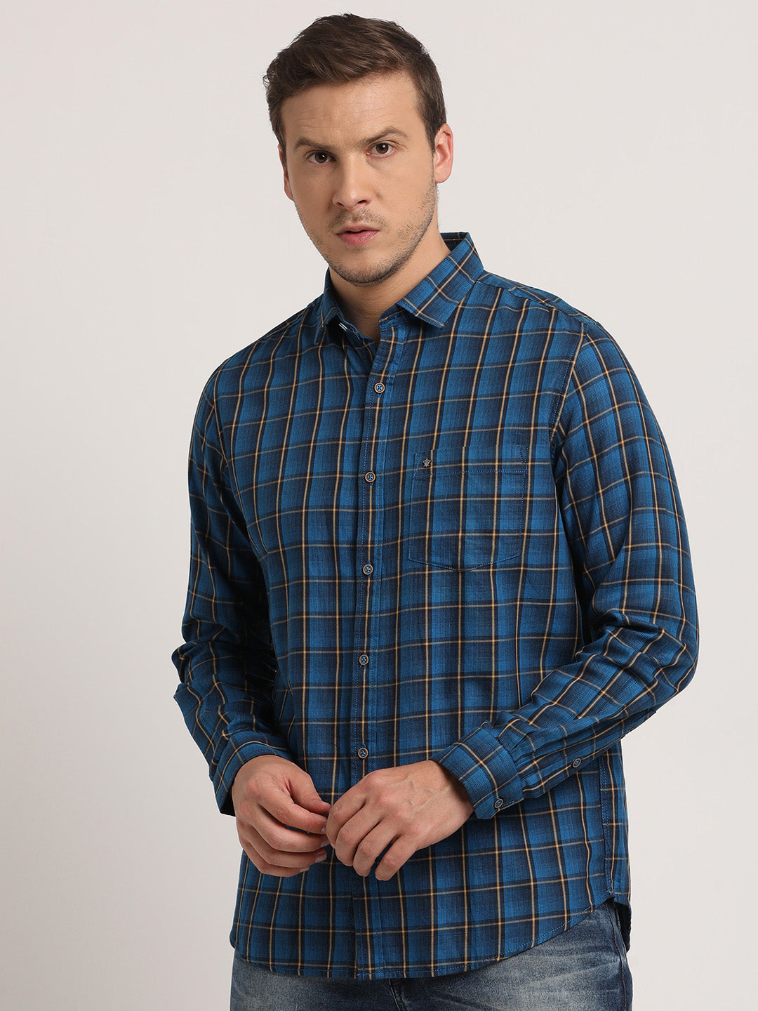 100% Cotton Blue Checkered Slim Fit Full Sleeve Casual Shirt