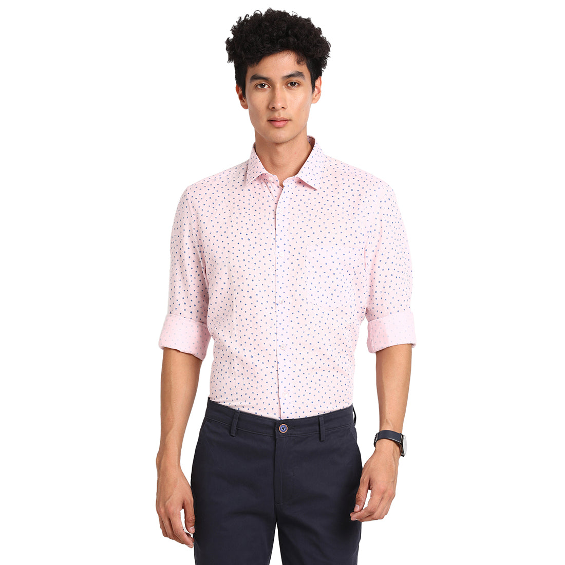 Cotton Linen Pink Printed Slim Fit Full Sleeve Formal Shirt