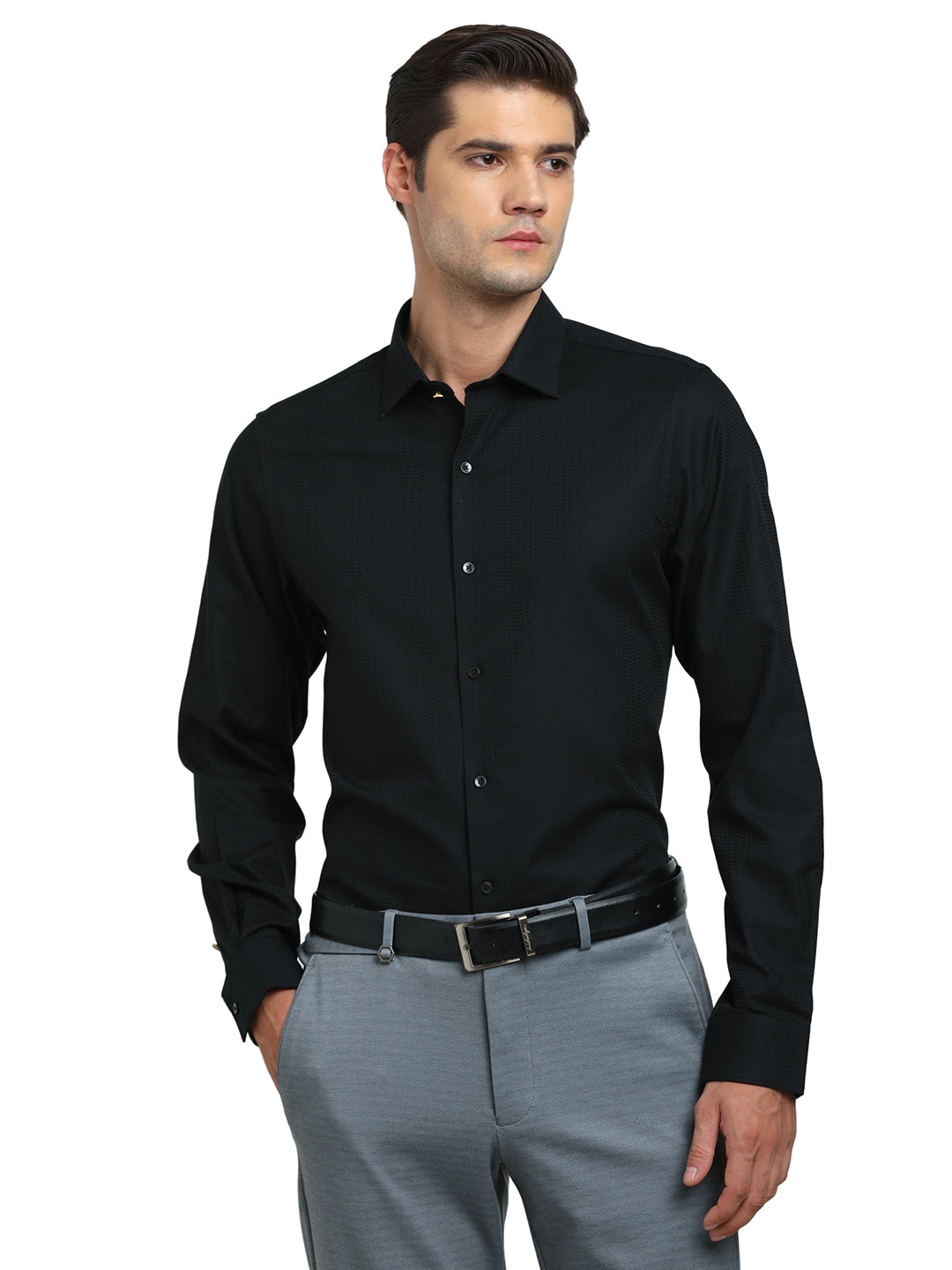 100% Cotton Black Jacquard Slim Fit Full Sleeve Ceremonial Shirt