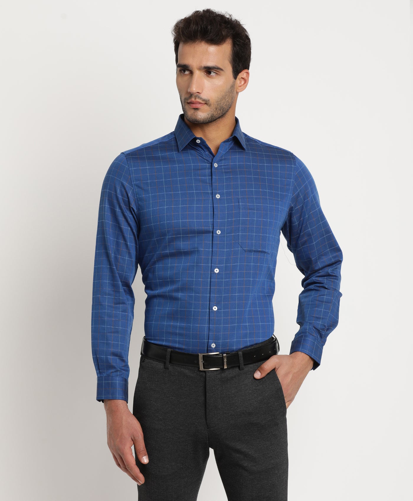 100% Cotton Blue Checkered Regular Fit Full Sleeve Formal Shirt