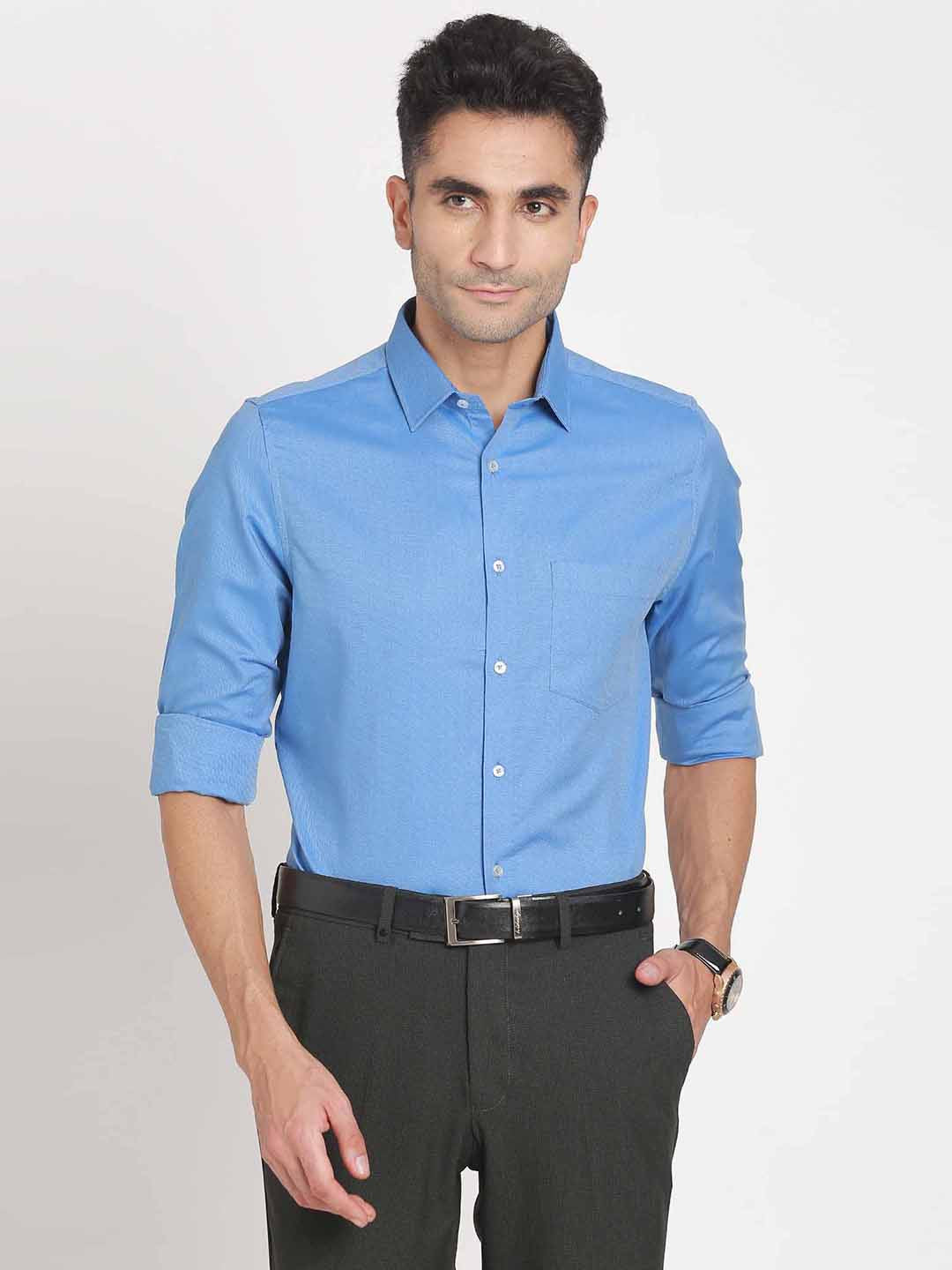 100% Cotton Sky Blue Dobby Slim Fit Full Sleeve Formal Shirt