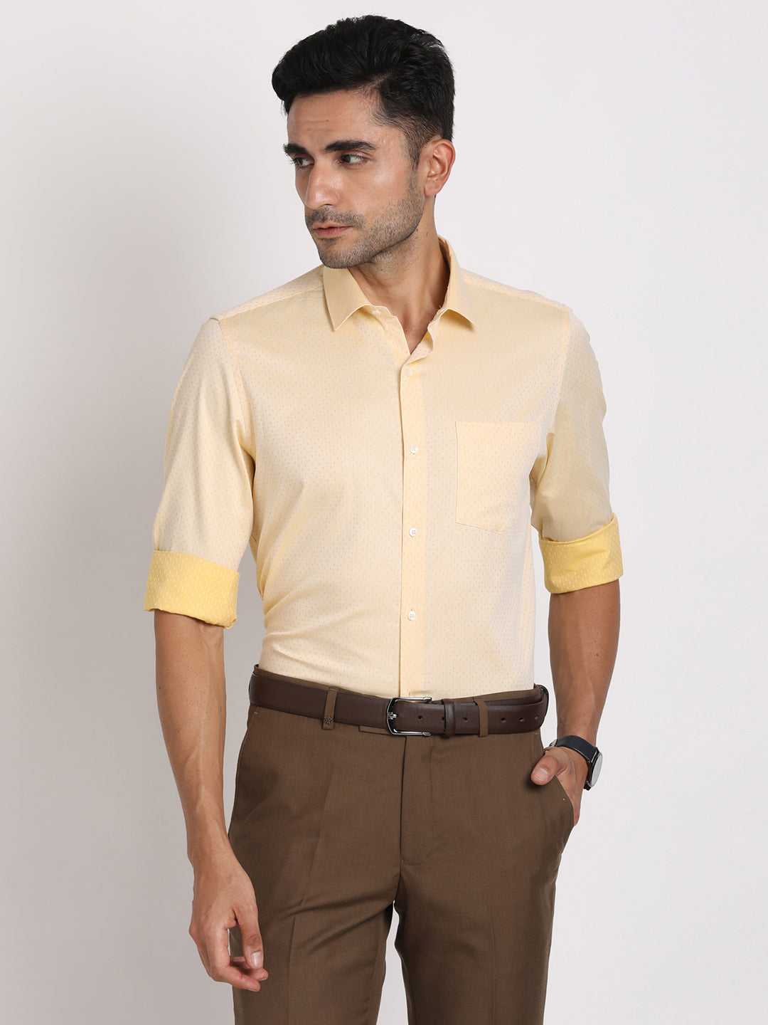 100% Cotton Lemon Yellow Dobby Slim Fit Full Sleeve Formal Shirt