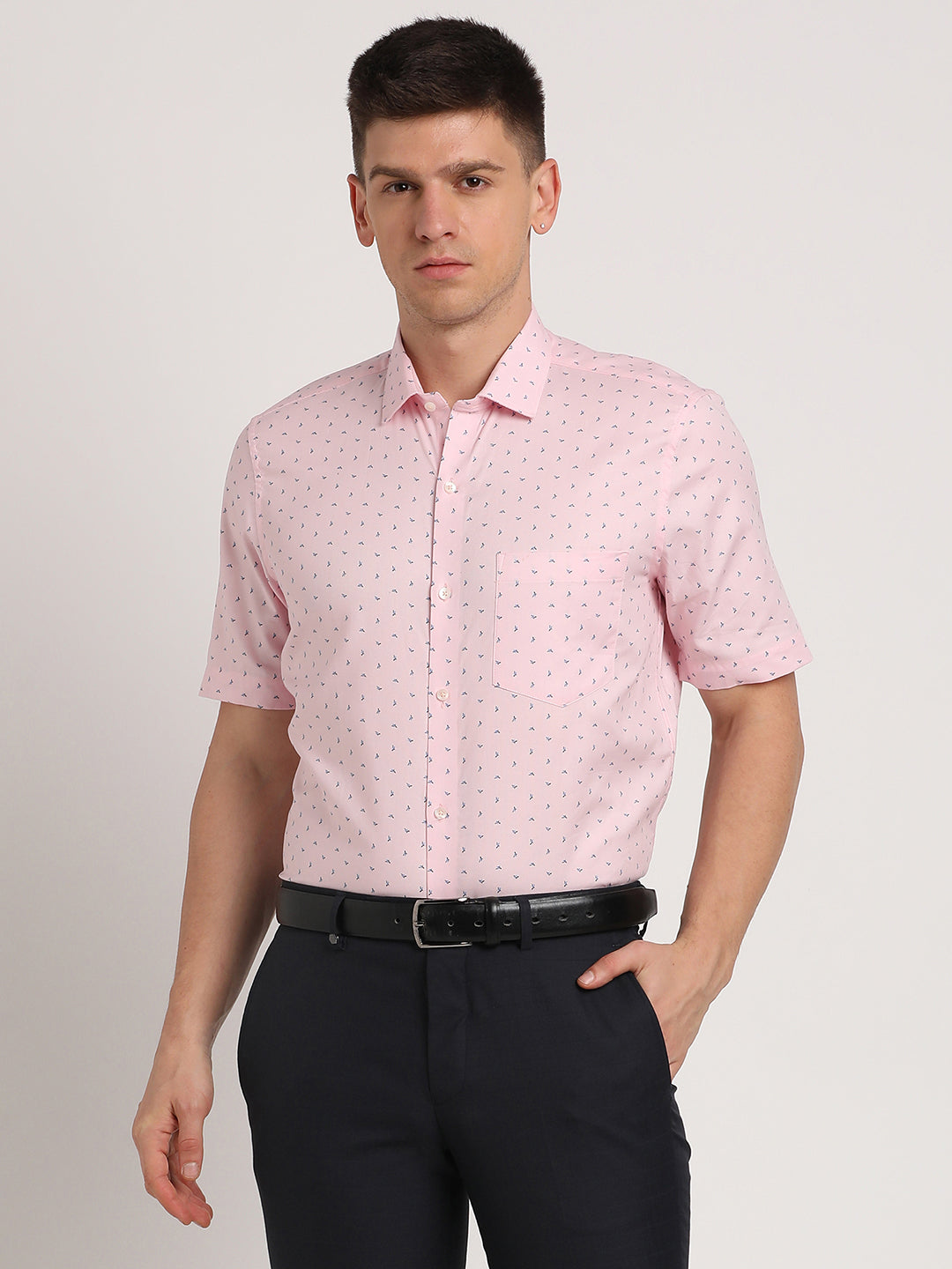 100% Cotton Pink Printed Regular Fit Half Sleeve Formal Shirt