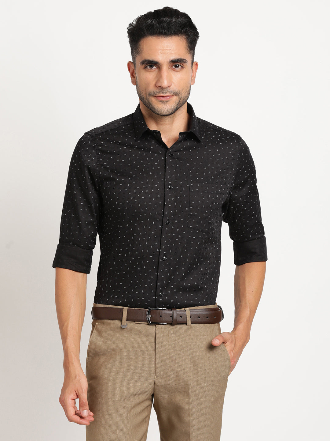 100% Cotton Black Printed Slim Fit Full Sleeve Formal Shirt