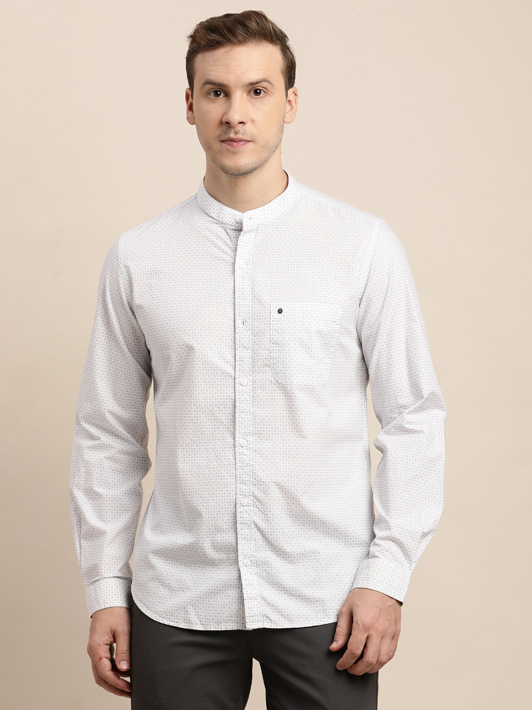 100% Cotton White Printed Slim Fit Mandarin Collar Casual Shirt