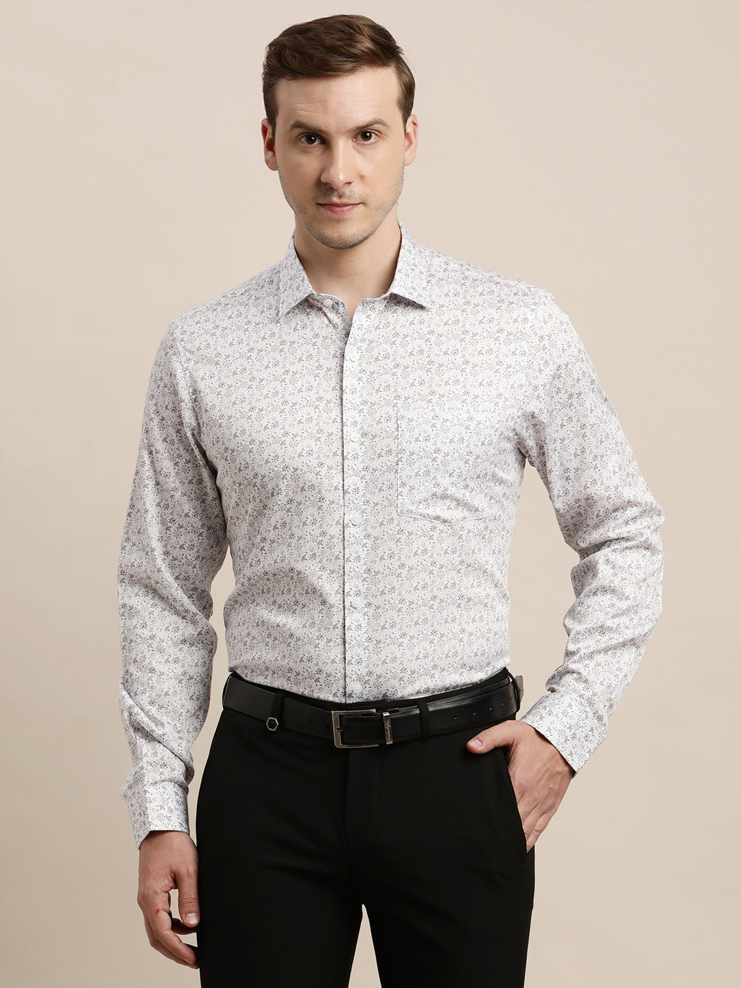 100% Cotton White Printed Slim Fit Full Sleeve Formal Shirt