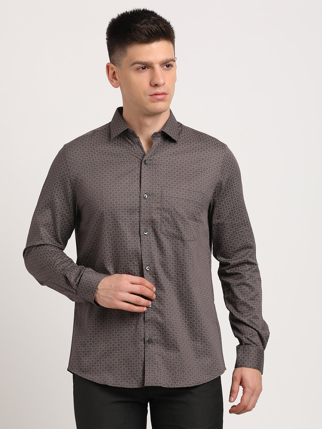 100% Cotton Brown Printed Slim Fit Full Sleeve Formal Shirt