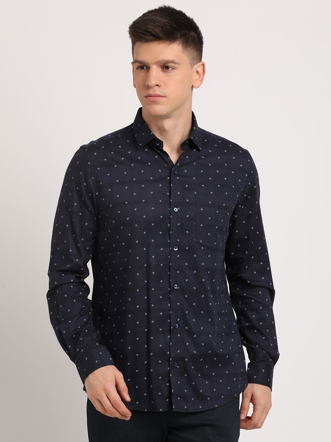 Cotton Tencel Navy Blue Printed Slim Fit Full Sleeve Formal Shirt