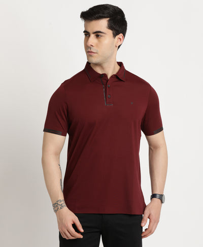 Knitted Maroon Printed Polo Neck Half Sleeve Casual T-Shirt